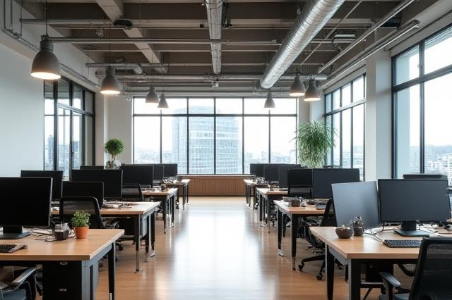 開放的なインダストリアルスタイルのオフィススペース
