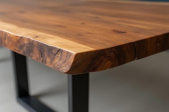特注の粗削りな木のダイニングテーブルにユニークな金属製の脚