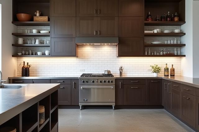 インダストリアルスタイルのキッチン、金属製のカウンタートップとオープンシェルフ