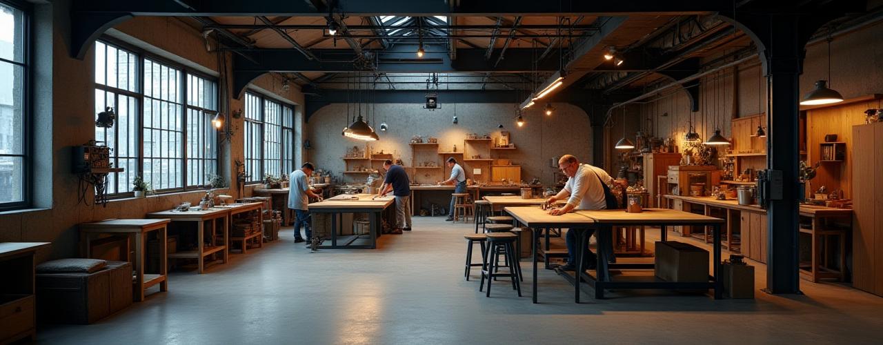 Kōjō Interiors workshop with industrial furniture in progress